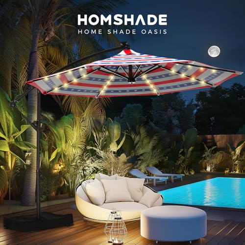 10 FT Solar LED Cantilever Patio Umbrella with Base, Stars and Stripes | Premium 220GSM Solution-Dyed Fabric, 5-Year Fade-Resistant, 30 MPH Windproof, 45° Infinite Tilt and Crank for Outdoor Pool - color: Stars and Stripes Style