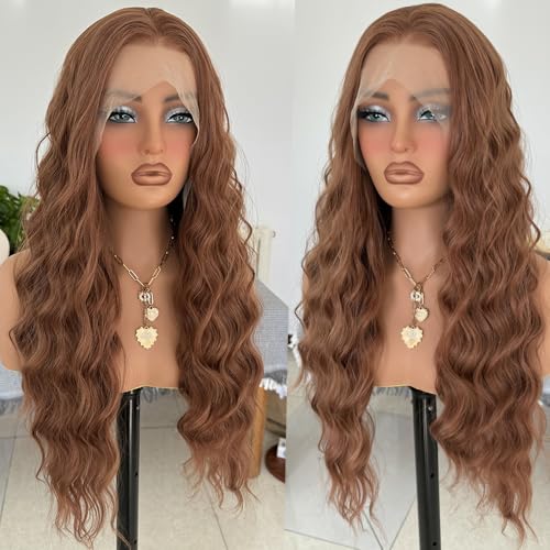 RONGDUOYI 30 Brown Synthetic Lace Front Wigs for Women 13x4 Long Deep Wave Wig Middle Part Natural Hairline Daily Wear Cosplay 24Inch - color: 30 Brown NC2