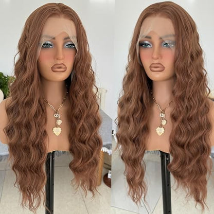 RONGDUOYI 30 Brown Synthetic Lace Front Wigs for Women 13x4 Long Deep Wave Wig Middle Part Natural Hairline Daily Wear Cosplay 24Inch - color: 30 Brown NC2
