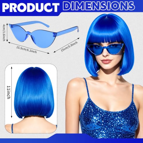 Short Bob Straight Hair Wigs with Bangs, Heat Resistant Fiber Hair, Cat Eye Glasses for Women (Blue) - color: Blue