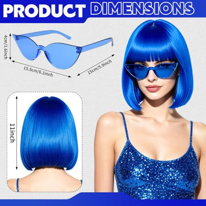 Short Bob Straight Hair Wigs with Bangs, Heat Resistant Fiber Hair, Cat Eye Glasses for Women (Blue) - color: Blue