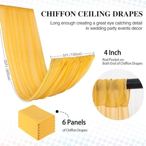 DUOBAO Gold Sheer Ceiling Drapes 20FT 6 Panels Chiffon Wedding Backdrop | Sheer Chiffon, Soft Draping Fabric, for Wedding Arch Tent Photography, 4-Inch Header, Rod Pocket, Reusable, Machine Washable - color: Gold, size: 60"W x 240"L (Pack of 6)