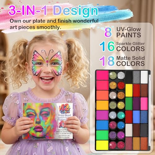 42 Colors Face Painting Kit for Kids -Water Activated Face paint palette | Face Painting Kit with 18 Matte, 16 Glitter and 8 UV-reactive Colors, Brushes, Stencils and Gems for Halloween and Cosplay