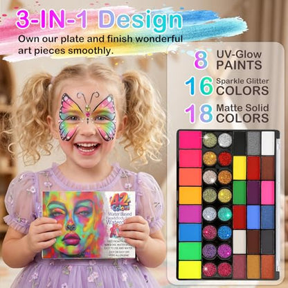 42 Colors Face Painting Kit for Kids -Water Activated Face paint palette | Face Painting Kit with 18 Matte, 16 Glitter and 8 UV-reactive Colors, Brushes, Stencils and Gems for Halloween and Cosplay