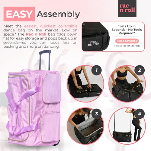 Rac n Roll Collapsible Rolling Dance Bag with Garment Rack (Clothes Rack), Foldable Competition Travel Duffel with Wheels for Dancers, Cheer, Pageant, Skating, Costume Storage, Pink - color: Pink