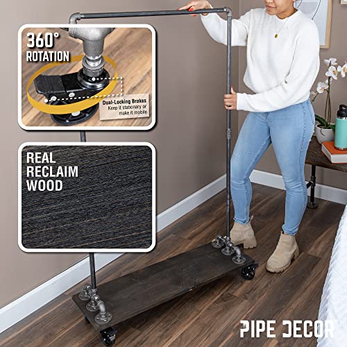 PIPE DECOR 36” x 11 ½” x 59 ½” Rolling Steel Pipe Clothing Rack with Wood Shelf, Commercial or Residential Industrial Clothes Display, Heavy Duty Black Steel Metal Wheeled Garment Frame - size: 36 in. x 59 in.