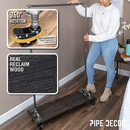 PIPE DECOR 36” x 11 ½” x 59 ½” Rolling Steel Pipe Clothing Rack with Wood Shelf, Commercial or Residential Industrial Clothes Display, Heavy Duty Black Steel Metal Wheeled Garment Frame - size: 36 in. x 59 in.