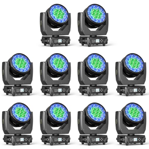 19x15W RGBW 4in1 Moving Head DJ Lights, Beam/Wash/Zoom Effect Stage Lighting, DMX512 & Sound Activated Control for Party Wedding Disco KTV Bar Stage Show -10 Pack - color: 10 PACK