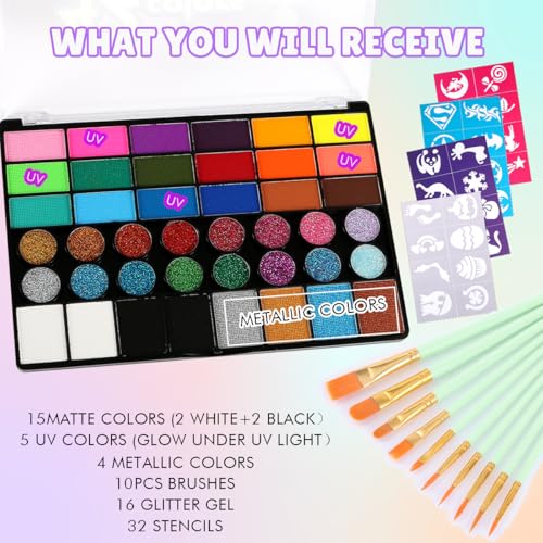 Bowitzki Face Paint Kit,42 Water Based Non Toxic Face Paint with face paint Colors,16 Glitters, 32 Stencils & 10pcs Brushes, Professional Body Face Paint Makeup For Party,Halloween,Carnival,Festival - color: 42 colors
