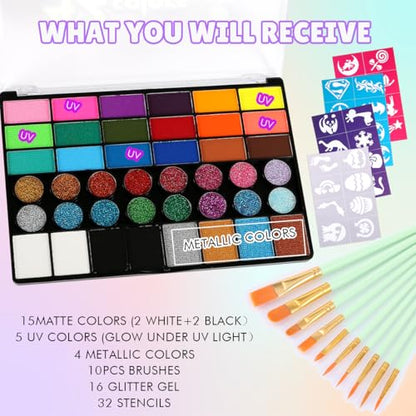 Bowitzki Face Paint Kit,42 Water Based Non Toxic Face Paint with face paint Colors,16 Glitters, 32 Stencils & 10pcs Brushes, Professional Body Face Paint Makeup For Party,Halloween,Carnival,Festival - color: 42 colors