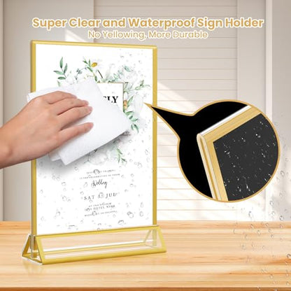 5x7 Gold Acrylic Sign Holder, 12 Pack Wedding Table Number Stands With Vertical Gold Borders, Double Sided Picture Frame Paper Stand, Clear Photo Display Menu for Party, Home, Restaurant - color: Vertical-12 Pack-5 x 7