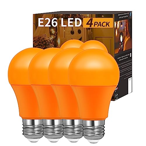 Orange Light Bulbs, Halloween Light Bulb, LED A19 E26 Base, 9W - color: Orange, size: 4 Count (Pack of 1)