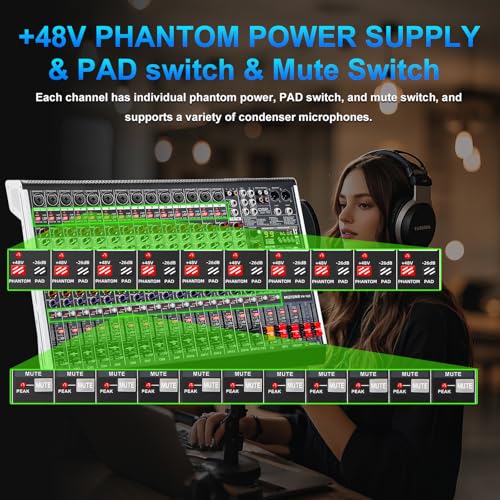 16 Channel Audio Mixer Professional Sound Mixing Board with 99 DSP Effects, 7-band EQ Digital DJ Mixer Console w/USB Bluetooth MP3 for Recording, Independent 48V Power & Mute Button - size: 16 Channel - 22.1inch