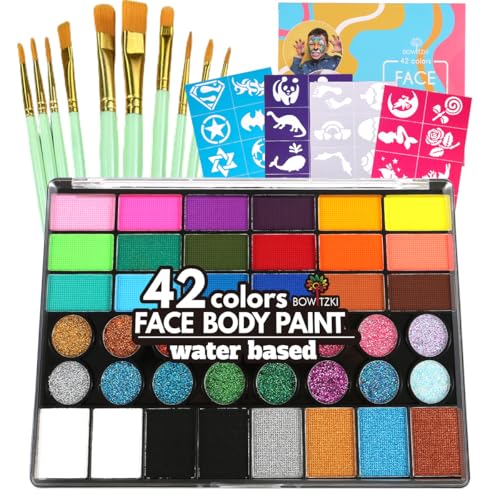 Bowitzki Face Paint Kit,42 Water Based Non Toxic Face Paint with face paint Colors,16 Glitters, 32 Stencils & 10pcs Brushes, Professional Body Face Paint Makeup For Party,Halloween,Carnival,Festival - color: 42 colors
