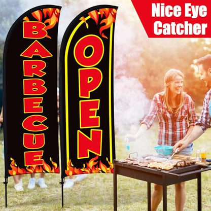 Buryeah 2 Sets Barbecue BBQ Open Feather Flag Kit 8 ft, Black | Barbecue Flag Banner with Pole Ground Stake and Portable Bag for Restaurant BBQ Sign Business Advertising Outside Ground - color: Black