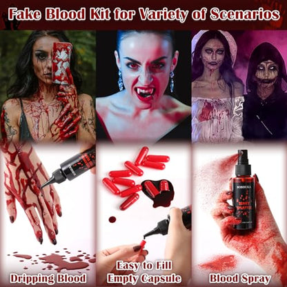 BOBISUKA Halloween Fake Blood Kit, 1.76oz Blood Spray + 1.76oz Dripping Blood + 10 Fillable Empty Capsules, Realistic Washable Fake Blood Makeup for Mouth Clothes Zombie Vampire Monster SFX Cosplay - color: Blood Spray + Dripping Blood + Empty Capsules