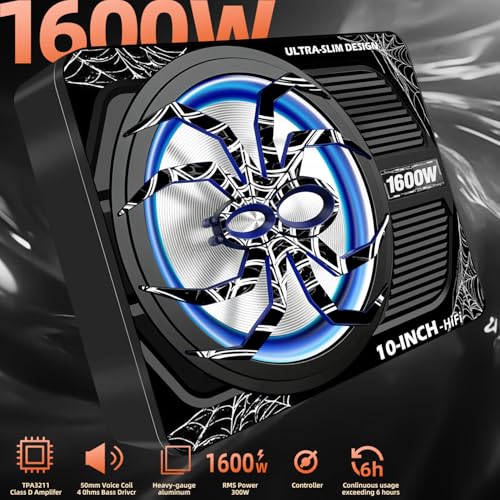 Upgraded 10 Inch 1600W Under Seat Subwoofer with Amp, Powered Slim Sub, Blue LED Ambient Light, (LPF/Gain/Bass Boost) Independent Bass Knob, Car Audio Subwoofer Package for Truck SUV Jeep MPV