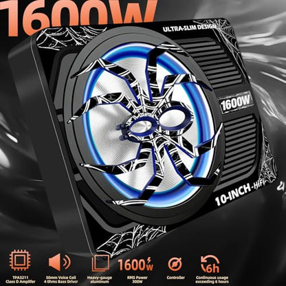Upgraded 10 Inch 1600W Under Seat Subwoofer with Amp, Powered Slim Sub, Blue LED Ambient Light, (LPF/Gain/Bass Boost) Independent Bass Knob, Car Audio Subwoofer Package for Truck SUV Jeep MPV