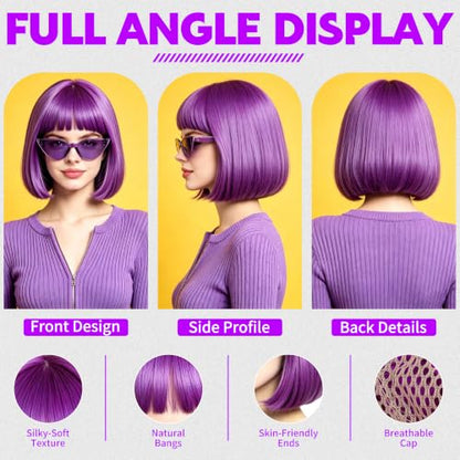 Short Bob Straight Hair Wigs with Bangs, Heat Resistant Fiber Hair, Cat Eye Glasses for Women (Purple-Red) - color: Purple-Red