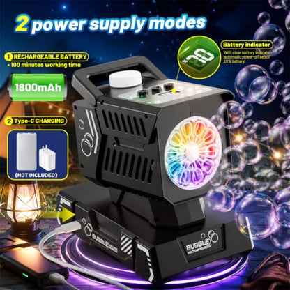 SHCKE Bubble Machine with Remote Control, Auto Rotation & 11 RGB Lights | Rechargeable/USB-C,Top-Fill Portable Bubble Maker for Kids,Outdoor,Birthday Parties,Wedding,Camping,Pool - color: Black