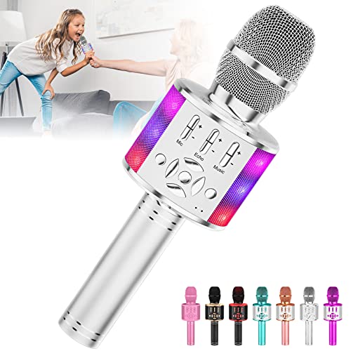 Amazmic Kids Karaoke Microphone Machine Toy Bluetooth Microphone Portable Wireless Karaoke Machine Handheld with LED Lights, Gift for Children Adults Birthday Party, Home KTV(Silver) - color: Silver