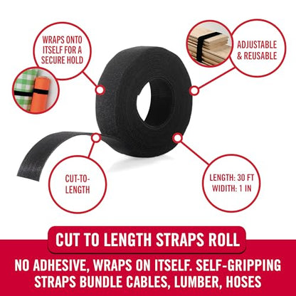 VELCRO Brand VEL-30768-AMS Wide Straps 1 in x 30 ft Roll | Cut to Length, Reusable Self-Gripping Tape | Bundle Poles, Wood, Pipes, Lumber, Garage Organization for Tool Handles Hoses, More | Black, 1in - size: Wide 1in