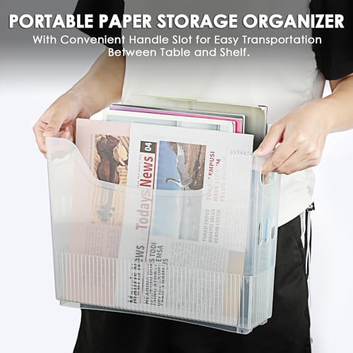 BTSKY 6 Pack Scrapbook Paper Storage Box with Wheels, Plastic Storage Organizer for 12" x 12" Scrapbook Papers, Portable File Organizer with Built-in Handle, Functional Magazine Holder Paper Rack