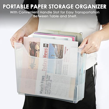BTSKY 6 Pack Scrapbook Paper Storage Box with Wheels, Plastic Storage Organizer for 12" x 12" Scrapbook Papers, Portable File Organizer with Built-in Handle, Functional Magazine Holder Paper Rack