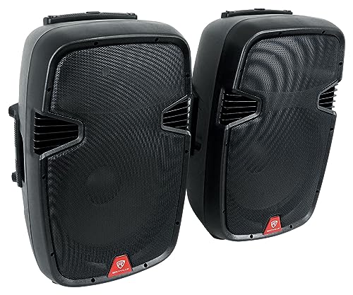Rockville RAMSYS15 Bundle: (2) 15" Rechargeable DJ/PA Speakers, (2) Tripod Speaker Stands, (2) Wireless Microphones, 1000W Peak, Bluetooth, USB/SD, TWS, for Parties & Events, 6-Items