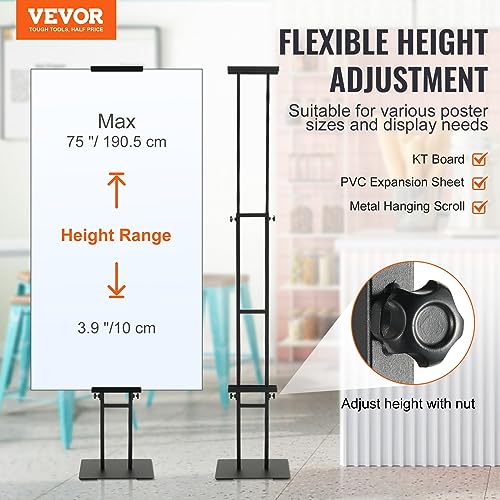 VEVOR Poster Stand, Adjustable Height Up to 75", Double-Sided Heavy Duty Pedestal Sign Holder, Floor Standing Sign Holder Banner Stand with Shock-absorbing Base for Display, for Board and Foam, Black | Double-Sided Floor Standing Sign Holder Banner Stand