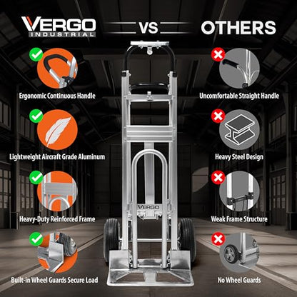 Vergo Industrial Convertible Hand Truck - AS7A2 Heavy Duty Aluminum 3 in 1 Dolly (750 lb Capacity) Lightweight Frame, Ergonomic Handle, Extendable Loop, Versatile Moving Dolly (3 Positions 53" High) - size: 3 Positions 53" High