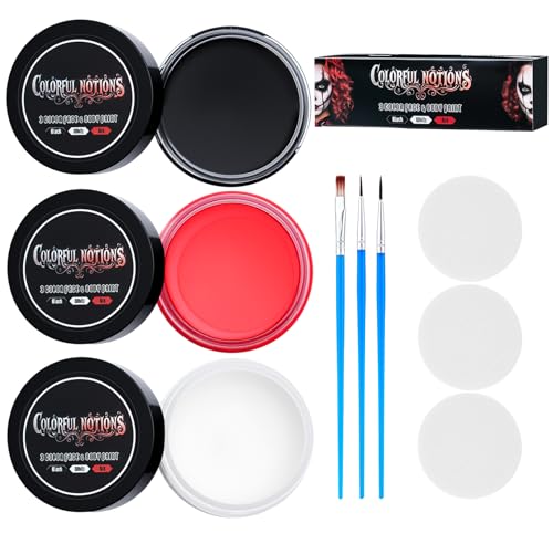 COVACURE Face Painting Kit, Black, Red & White Professional Water-based Halloween Makeup Kit with 3 Sponges & 3 Brushes for Halloween Clown Makeup, Cosplay, Costume, SFX Special Effect, Theme Parties