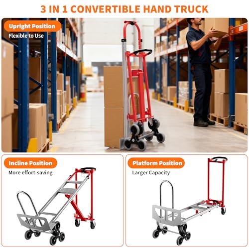 Heavy Duty Aluminum Hand Truck, 3-in-1 Convertible Folding Dolly Cart, Stair Climbing Hand Truck with Wheels, Industrial Platform Trolley for Warehouse, Home, Office & Transport Moving - color: Red+silver