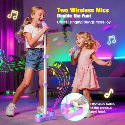 Stand Karaoke Machine for Kids, Singing Toys Gifts for 3 4 5 6 7 8 Year Old Girls Boys, Rechargeable Kid Microphone Bluetooth Speaker with 2 Wireless Mic for Girl Age 4-6 Toddler Birthday Party Toy - color: Purple