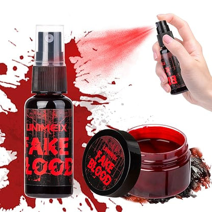 UNIMEIX 1 OZ Fake Blood Spray and 1 OZ Gel Fake Blood Makeup Kit Washable Sfx Makeup for Clothes Mouth Eyes，Stage Blood for Halloween Zombie Vampire Cosplay Party