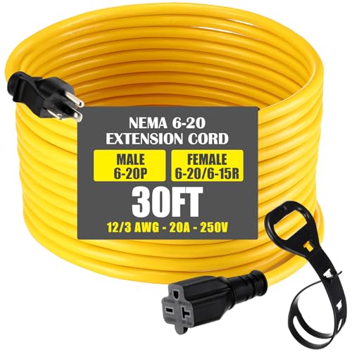 30 ft Nema 6-20 Extension Cord, Nema 6-20p Male Plug to 6-20r/6-15r Female Receptacle, 20 Amp T-Blade Outlet Extension Power Cord with Waterproof Sockets, Heavy Duty 12/3 Awg, 250v, 5000w - size: 30 ft