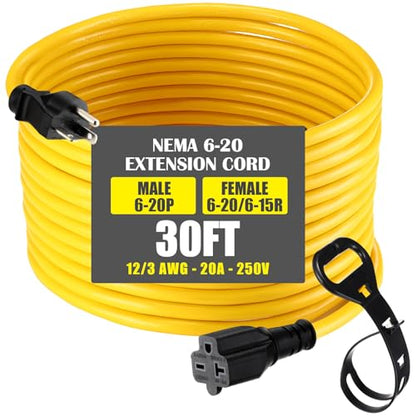 30 ft Nema 6-20 Extension Cord, Nema 6-20p Male Plug to 6-20r/6-15r Female Receptacle, 20 Amp T-Blade Outlet Extension Power Cord with Waterproof Sockets, Heavy Duty 12/3 Awg, 250v, 5000w - size: 30 ft
