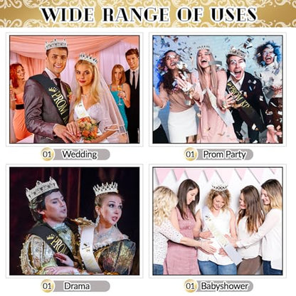 4 Pieces Prom King and Queen Crowns Set with Sashes Valentine's Day Carnival Birthday Wedding Costume Accessories Gold King Crown for Men Women Prom(M,Black Diamond) - color: Black Diamond