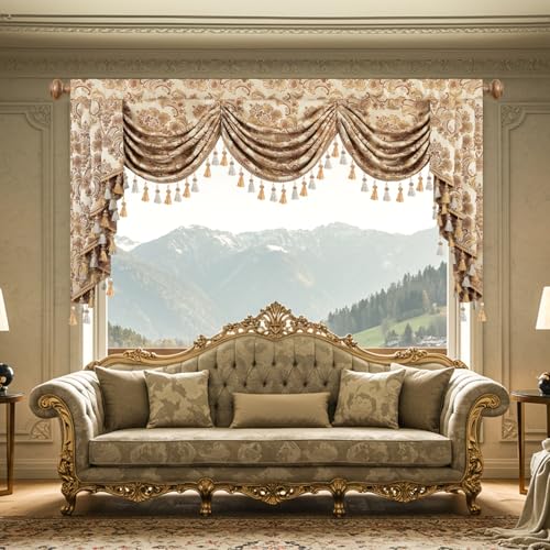 Leeva Waterfall Valance 79x45, Extra Wide Damask Swag Curtains with Beaded Tassels, Rod Pocket Window Valance for Living Room Bedroom Kitchen, Beige Luxury European Style - color: *Beige, size: 79"W x 45"L (Pack of 1)