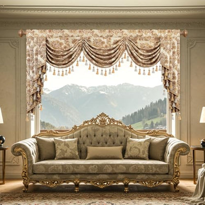 Leeva Waterfall Valance 79x45, Extra Wide Damask Swag Curtains with Beaded Tassels, Rod Pocket Window Valance for Living Room Bedroom Kitchen, Beige Luxury European Style - color: *Beige, size: 79"W x 45"L (Pack of 1)