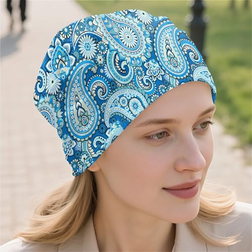 Art Owl Women's Slouchy Beanie Hat Cute Turban Hats Cancer Headwear Caps Baggy Skull Sleep Scarf - color: Blue Boho Printed