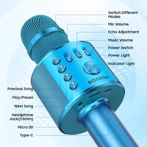 BONAOK Wireless Bluetooth Karaoke Microphone,3-in-1 Portable Handheld Karaoke Mic Speaker Machine Birthday Home Party for PC or All Smartphone (Q37 Blue) - color: Blue