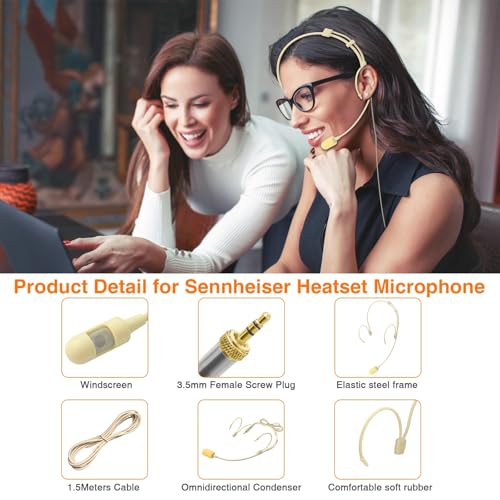 5 Pack Dual Earhook Face Microphone Headset Headworn Mic for Sennheiser | with Windscreen and 1.5m Cable,3.5mm stereo female screw lock plug,Ideal for Lectures, Live Performance,Theater - size: 5 Pack
