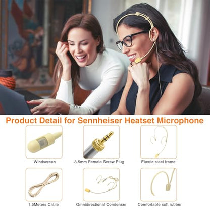 2 Pack Dual Earhook Face Microphone Headset Headworn Mic for Sennheiser | with Windscreen and 1.5m Cable,3.5mm stereo female screw lock plug,Ideal for Lectures, Live Performance,Theater - size: 2 Pack
