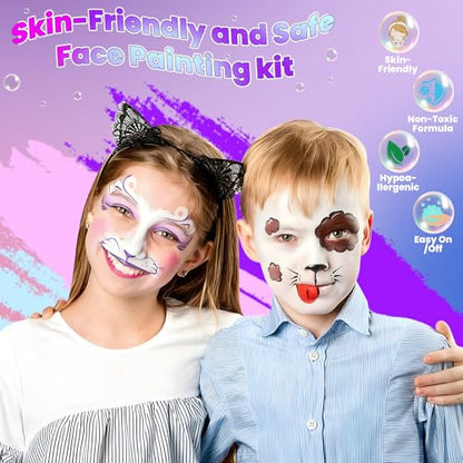 26 Colors Face Painting Kit, Oil-Based Face & Body Paint Palette | Complete Face Paint Kit with Brushes, Stencils, Glitter & Gems for Halloween, Parties, Festivals, Cosplay and Creative Events - color: 26 Colors