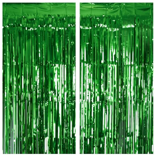 PIGETALE 2 Pack 3.2Ft x 8.2Ft Green Tinsel Curtain Party Backdrop | Metallic Tinsel Foil Fringe Curtains Photo Booth Props Background Christmas St Patrick’s Day Safari Tropical Decorations - color: Metallic Gren