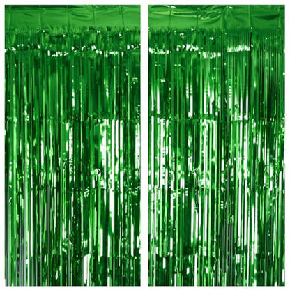 PIGETALE 2 Pack 3.2Ft x 8.2Ft Green Tinsel Curtain Party Backdrop | Metallic Tinsel Foil Fringe Curtains Photo Booth Props Background Christmas St Patrick’s Day Safari Tropical Decorations - color: Metallic Gren