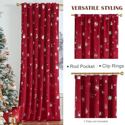 Lazzzy Christmas Curtains Velvet 96 Inch Length Thermal Insulated Silver Foil Print Drapes for Bedroom Living Room Darkening Window Treatments Rod Pocket Curtains, 2 Panels - color: Foil Silver/Red, size: 52"W x 96"L (Pack of 2)