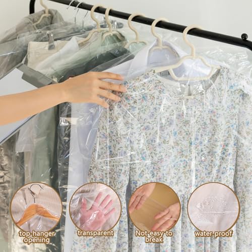 10Pcs Dry Cleaner Bags Plastic Clear Dress Bag 71-Inch Long Dry Cleaning Bag for Clothes, Plastic Garment Bags for Hanging Clothes, Long Dresses, Suits, Gowns, Dance Costumes, 60x180 cm