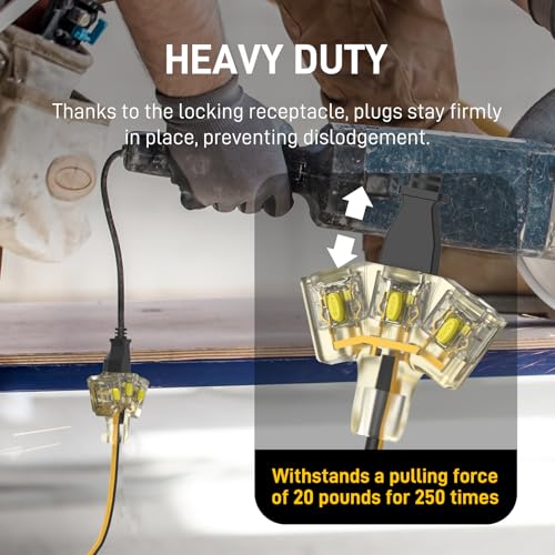 100ft 12/3 Heavy Duty 3-Outlet LED Locking Plug Outdoor Extension Cord ETL | 15A 1875W, SJEOW waterproof -58°F to 221°F, pure copper, construction, woodworking, metal cutting, generator